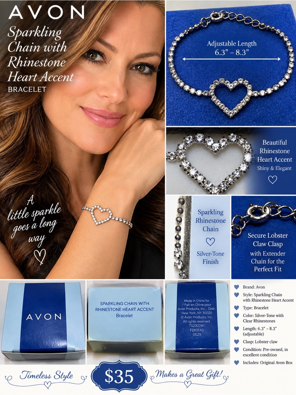 Avon SPARKLING CHAIN WITH RHINESTONE HEART ACCENT BRACELET/CLEAR